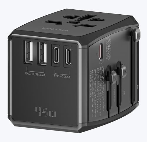 Adaptador de cargador universal Voltma de 45 W, adaptador de viaje GaN con 3 puertos USB-C y 2 puertos USB-A, fusible de reinicio automático, protección contra sobretensiones y toma de CA de 2500 W compatible con PD3.0/2.0, QC3.0, iPhone, MacBook