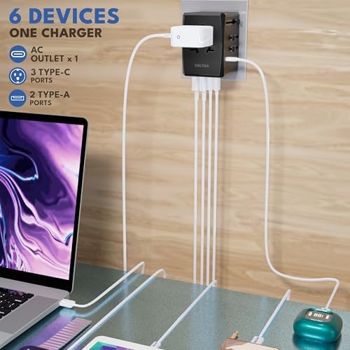 Adaptador de cargador universal Voltma de 45 W, adaptador de viaje GaN con 3 puertos USB-C y 2 puertos USB-A, fusible de reinicio automático, protección contra sobretensiones y toma de CA de 2500 W compatible con PD3.0/2.0, QC3.0, iPhone, MacBook