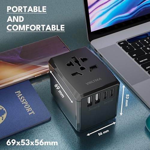 Adaptador de cargador universal Voltma de 45 W, adaptador de viaje GaN con 3 puertos USB-C y 2 puertos USB-A, fusible de reinicio automático, protección contra sobretensiones y toma de CA de 2500 W compatible con PD3.0/2.0, QC3.0, iPhone, MacBook